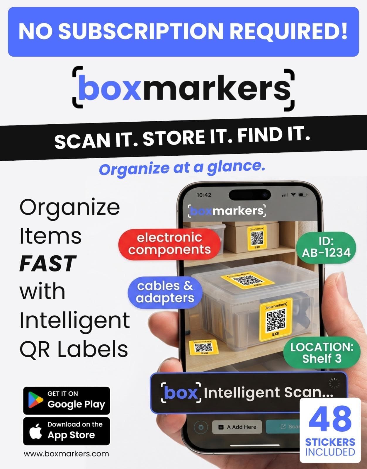 Boxmarkers QR label stickers in six colors with printed boxes
